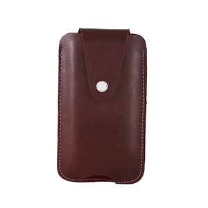 Detailed view of burgundy leather belt phone pouch with snap closure and contrast stitching