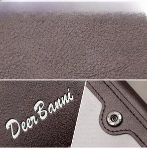 Detail view of brown lychee leather texture, brand logo, and star-shaped metal snap button