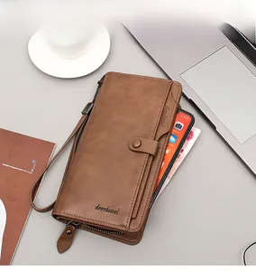 Brown leather long wallet with wrist strap and zipper compartment for phone and cards