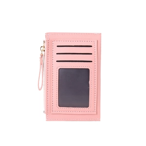 Slim pink PU leather card holder with three card slots, ID window and gold zipper detail