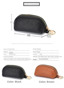 Detailed size specifications of mini leather coin purses with golden zippers and keyrings