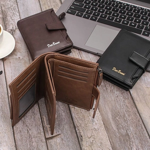 Men's minimalist multi-slot leather wallet in coffee, black, and brown styles
