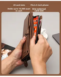 Detail of brown leather wallet showing 20 card slots and 6.5 inch smartphone pocket