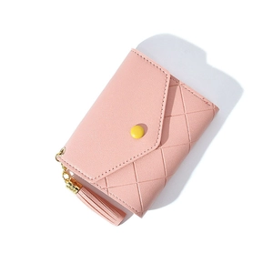 Pink quilted faux leather wallet with triangular pendant and yellow snap closure