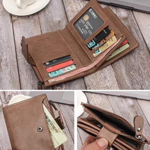 Brown leather multi-slot men's wallet featuring a snap closure and zipper coin pocket