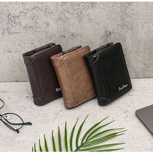 Men's Short PU Leather Wallet Vintage Business Tri-fold Purse With Zipper Coin Pocket Card Holders For Men Office Travel