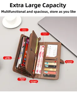 Detailed interior of a brown leather long wallet showing multi-card slots and phone pocket