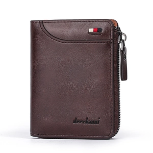 Classic men's short bifold wallet in dark brown pebbled leather with side zipper