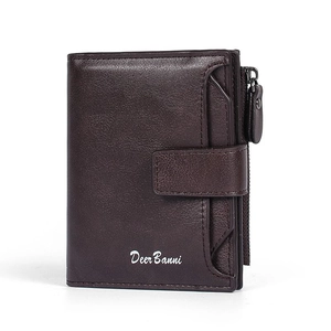 Men's minimalist short leather wallet in dark brown with zipper and buckle strap