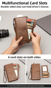 Detail of brown leather wallet with 21 card slots and secure snap closure