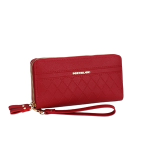 Red quilted leather long wallet with double zipper and wrist strap for women