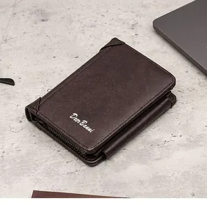 Business men's trifold wallet in dark brown leather with zipper pocket and card slots