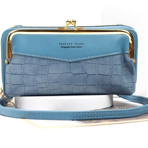Minimalist fog blue stone pattern crossbody phone bag with gold clasp and leather strap