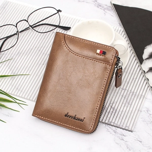 Business brown leather wallet for men featuring side zipper and tri-color ribbon detail