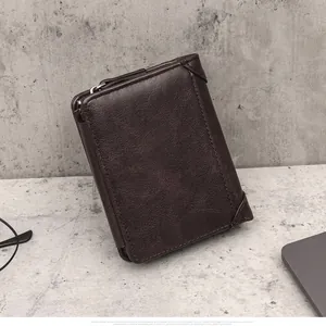 Vertical men's trifold leather wallet in dark brown with side zipper pocket