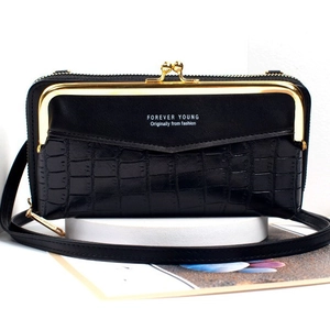 Black crocodile pattern crossbody phone bag for women with gold clasp and adjustable strap