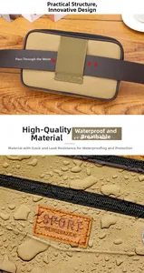 Détail d'une pochette ceinture en toile kaki avec tissu imperméable et passant pour ceinture