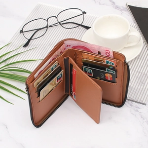 Brown litchi grain men's bifold wallet with L-shaped zipper and multi-card slots