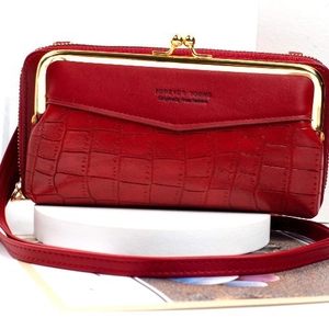 Burgundy faux leather crossbody cell phone bag with crocodile texture and gold metal frame