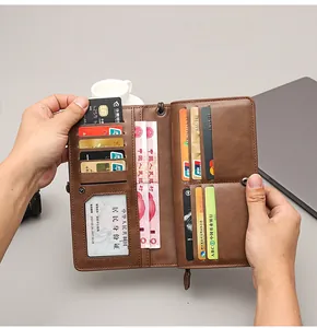 Internal view of brown leather wallet showing multiple card slots and cash compartments