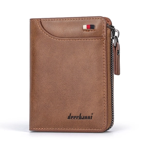 Brown vintage men's wallet with zipper closure and striped ribbon detail on white background