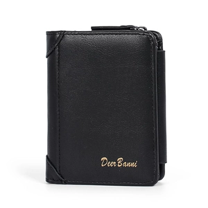 Vertical short tri-fold men's black leather wallet with side zipper pocket and gold logo