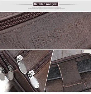 Détails de sacoche de ceinture en cuir grainé marron foncé avec logo et zips en métal