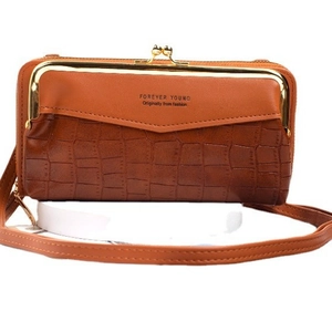 Brown faux leather crossbody phone bag with crocodile texture and gold buckle clasp