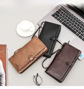 Detailed flat lay of men's long leather wallets in brown, black and coffee colors