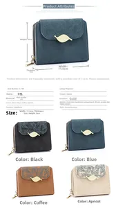 Size chart for women's short PU leather wallet with floral print and leaf metal detail