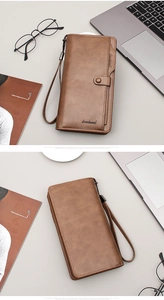 Vertical view of brown leather business wallet with magnetic snap and wrist strap