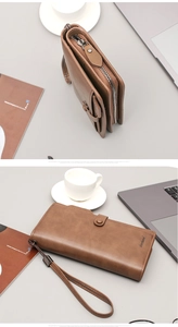 Close-up of brown matte leather long wallet showing multi-slot structure and zipper detail