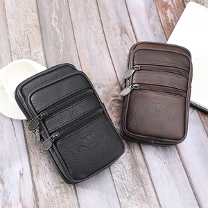 Sacoche de ceinture en cuir synthétique avec trois compartiments zippés noir et marron