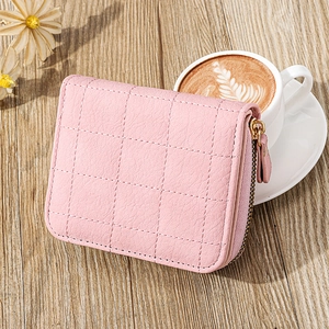 Mini portefeuille matelassé rose pour femme avec fermeture éclair dorée sur bois