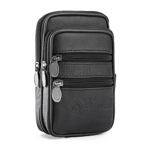 Sacoche de ceinture noire en cuir synthétique pour hommes avec trois compartiments zippés
