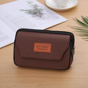 Brown canvas belt waist bag with multiple zipper pockets for 7-inch smartphone