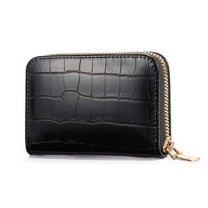 Black crocodile pattern card wallet with premium gold zipper on white background