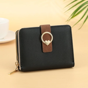 Petit Portefeuille en Cuir PU pour Femmes Couleur Unie Multi Emplacements Cartes Porte-monnaie avec Décoration Coeur Style Coréen