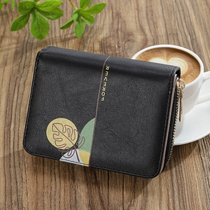 Black short PU leather women's zipper wallet with leaf patterns and Forever text