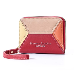 Short patchwork wallet for women with zipper and colorful geometric design and wrist strap