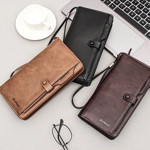 Long leather men's wallet with zipper and wrist strap in black, light brown, and dark coffee