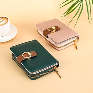 Portefeuilles courts à fermeture éclair pour femmes en vert forêt et rose avec boucle cœur