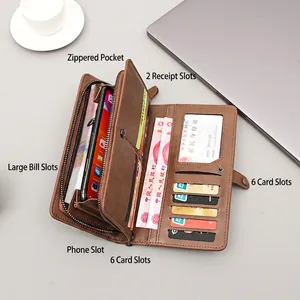 Brown leather long multifunctional wallet for men showing card slots and phone pocket