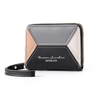 Detail of color-block PU leather wallet with zipper closure and wrist strap