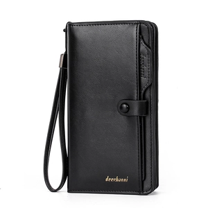 Men's black litchi pattern leather long wallet with wrist strap and card slots