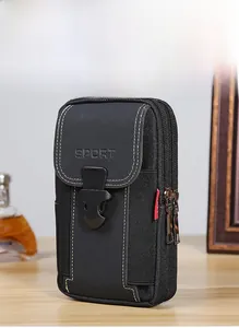 Detail of durable Oxford fabric phone waist bag featuring secure clip and SPORT logo