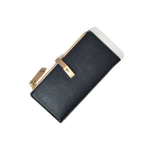 Portafoglio lungo minimalista in pelle nera da donna con cerniera e bottone a pressione
