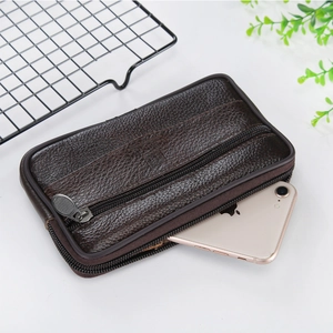 Waterproof dark brown leather phone belt pouch with zipper and lychee texture for men