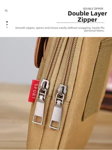 Detail of khaki oxford fabric phone pouch featuring double zipper and SPORT label