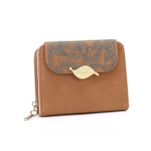 Detail of brown faux suede wallet with blue leaf prints and golden leaf metal buckle